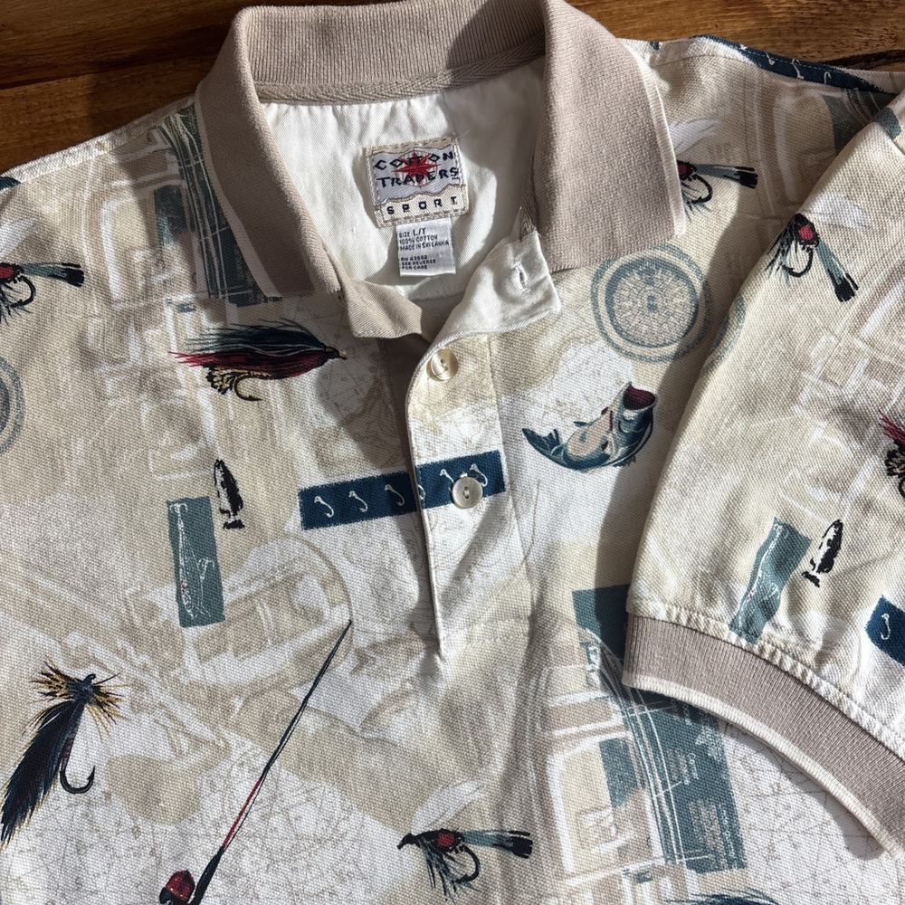 Cotton Traders Polo Shirt Mens Large Tall LT Beige Fly Fishing AOP Short Sleeve